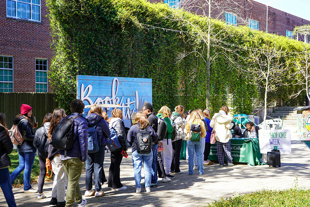 students in line to check-in to an event at Pocket Park